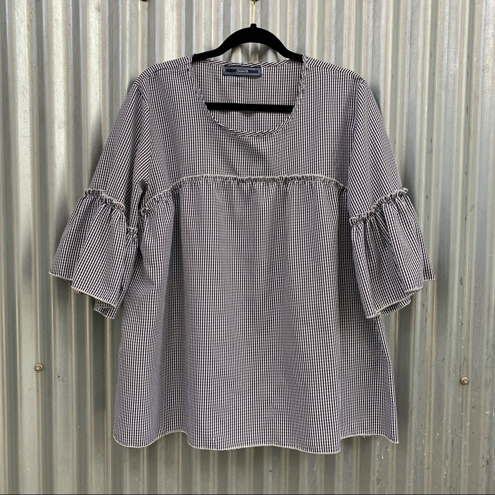 Black & White Plaid Peplum Top Flowy Flared Sleeve Shirt Ruffle Cottage Core